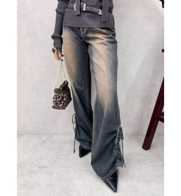 EVRIS「サイドギャザーリボンセミワイドデニムパンツ」|デニム|