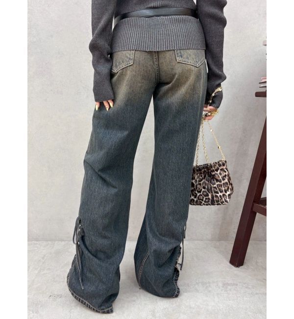 EVRIS「サイドギャザーリボンセミワイドデニムパンツ」|デニム|