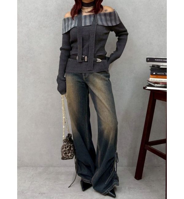 EVRIS「サイドギャザーリボンセミワイドデニムパンツ」|デニム|