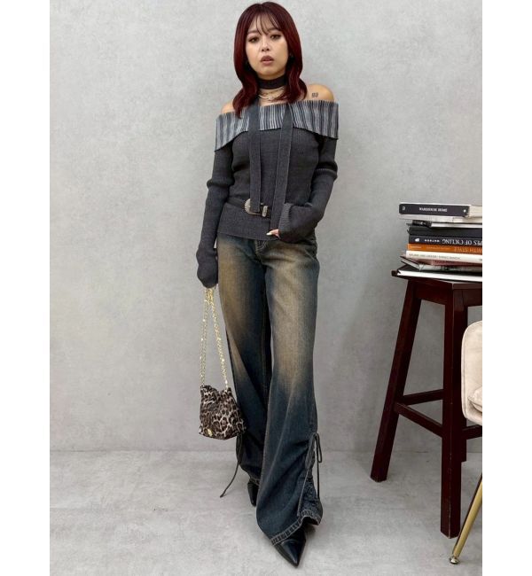 EVRIS「サイドギャザーリボンセミワイドデニムパンツ」|デニム|