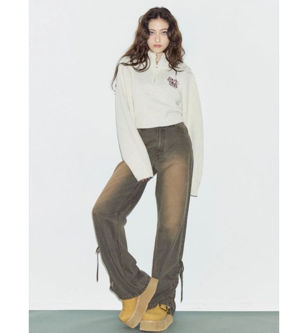 EVRIS「サイドギャザーリボンセミワイドデニムパンツ」|デニム|