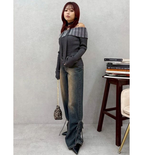 EVRIS「サイドギャザーリボンセミワイドデニムパンツ」|デニム|