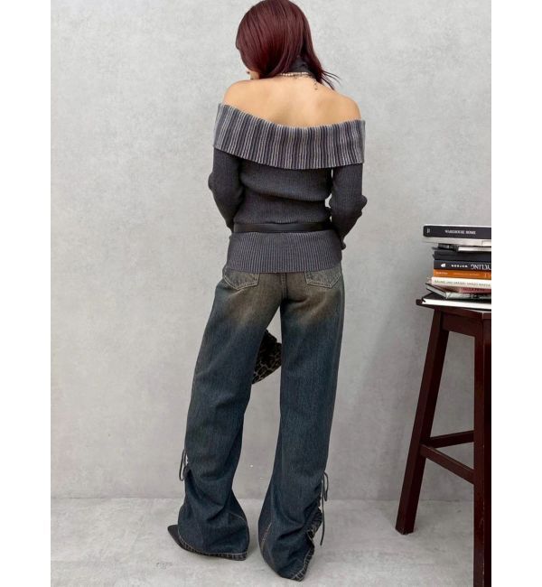 EVRIS「サイドギャザーリボンセミワイドデニムパンツ」|デニム|