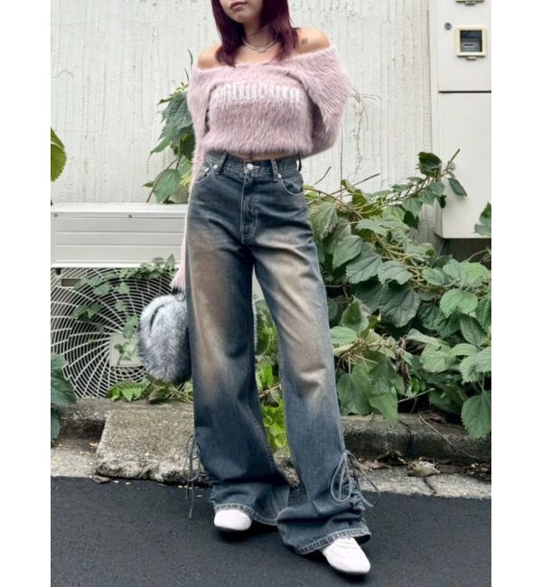 EVRIS「サイドギャザーリボンセミワイドデニムパンツ」|デニム|