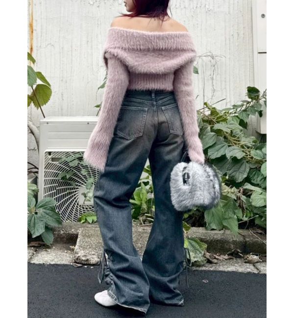 EVRIS「サイドギャザーリボンセミワイドデニムパンツ」|デニム|