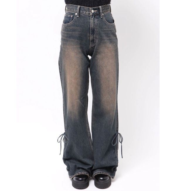 EVRIS「サイドギャザーリボンセミワイドデニムパンツ」|デニム|