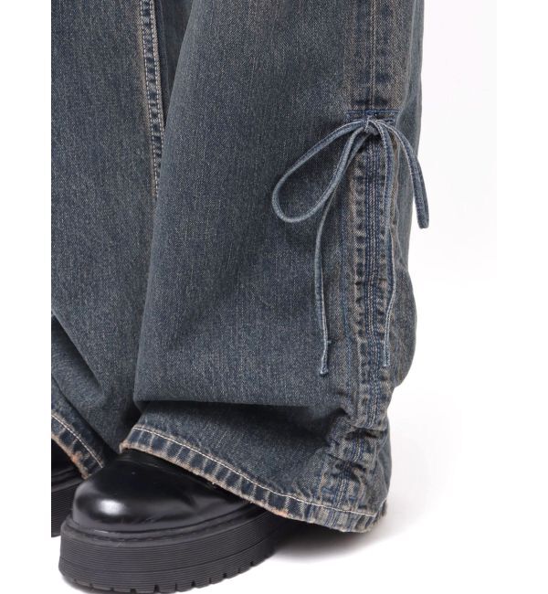 EVRIS「サイドギャザーリボンセミワイドデニムパンツ」|デニム|