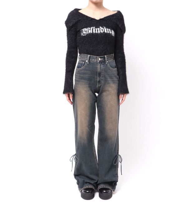 EVRIS「サイドギャザーリボンセミワイドデニムパンツ」|デニム|