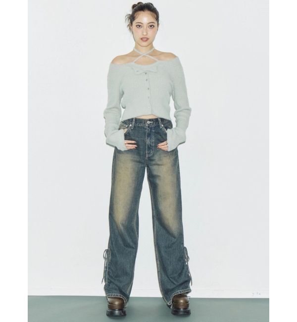EVRIS「サイドギャザーリボンセミワイドデニムパンツ」|デニム|