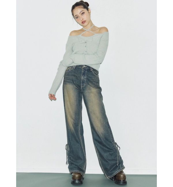 EVRIS「サイドギャザーリボンセミワイドデニムパンツ」|デニム|