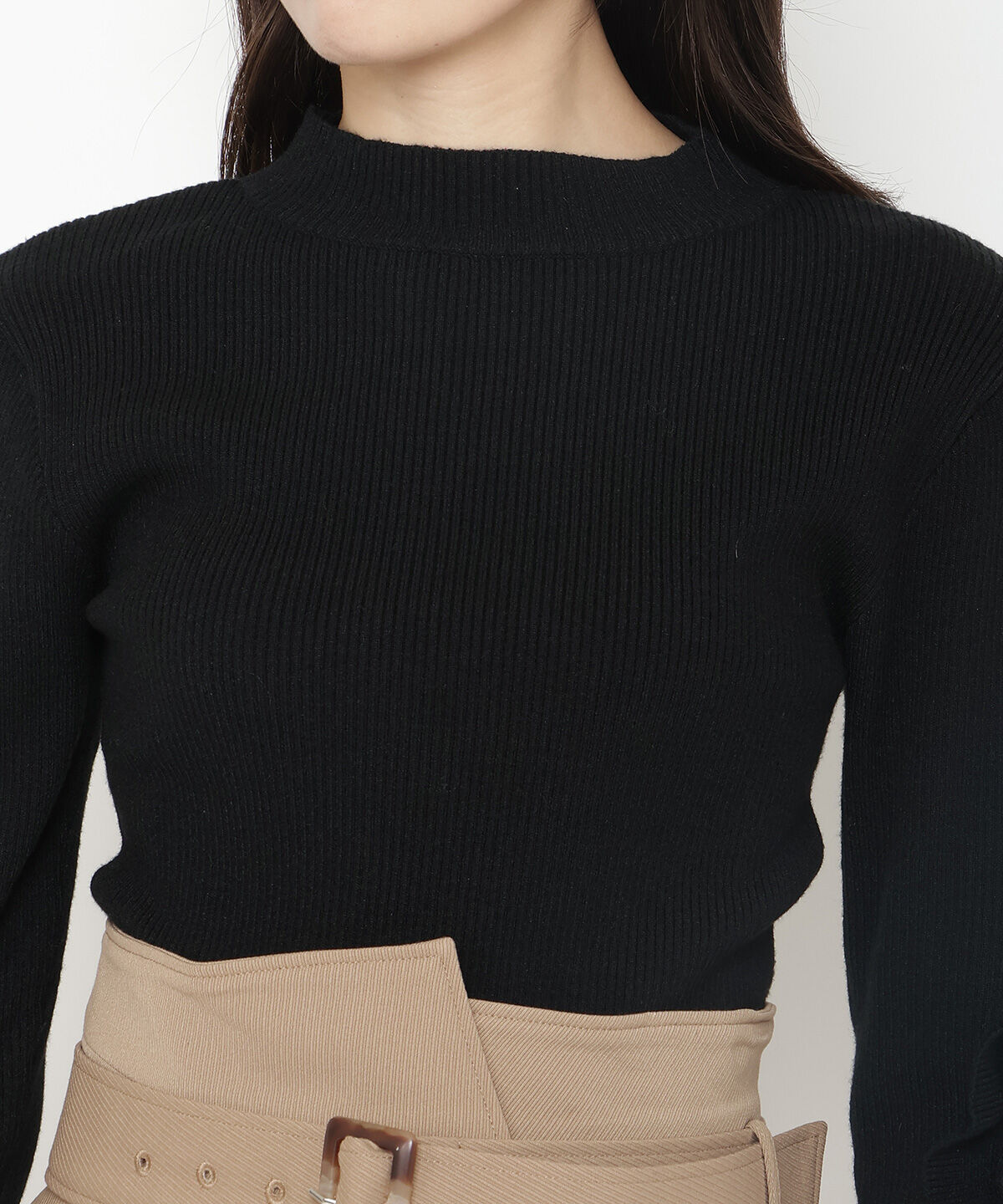 アンドクチュール「袖フリルハイネックリブニットプルオーバー」|ニット・セーター|