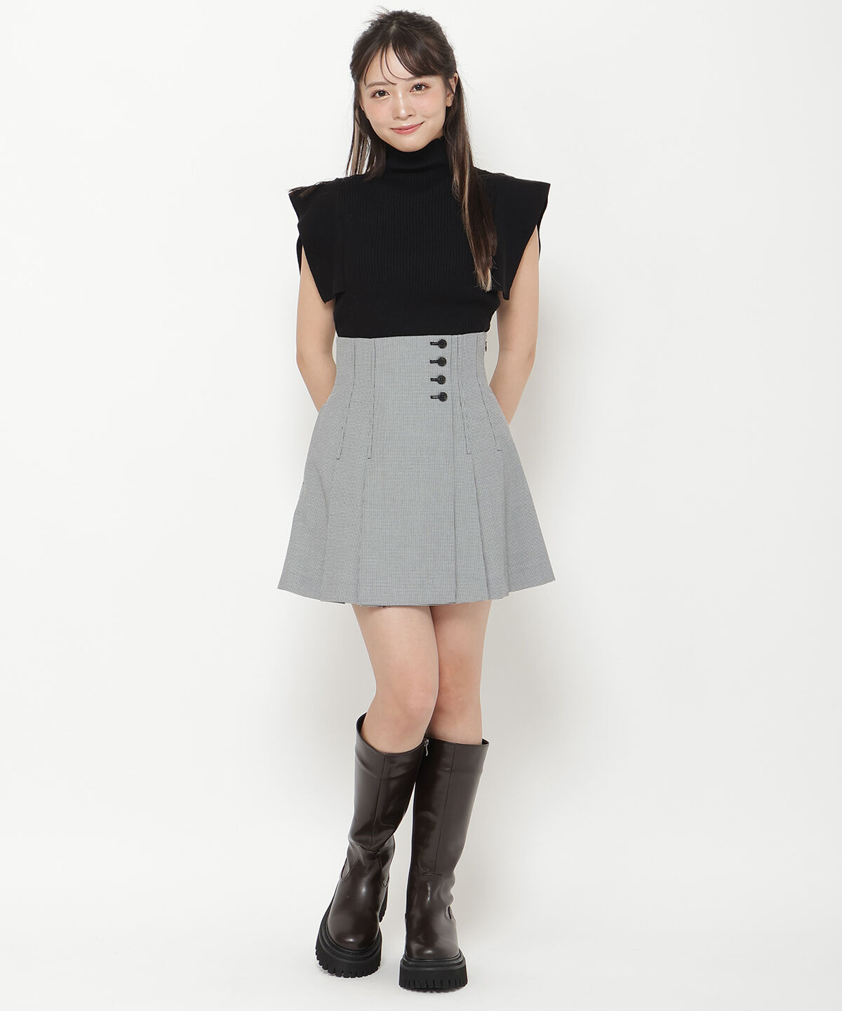REDYAZEL「ハイウエストタックチェックミニスカート」|フレア|