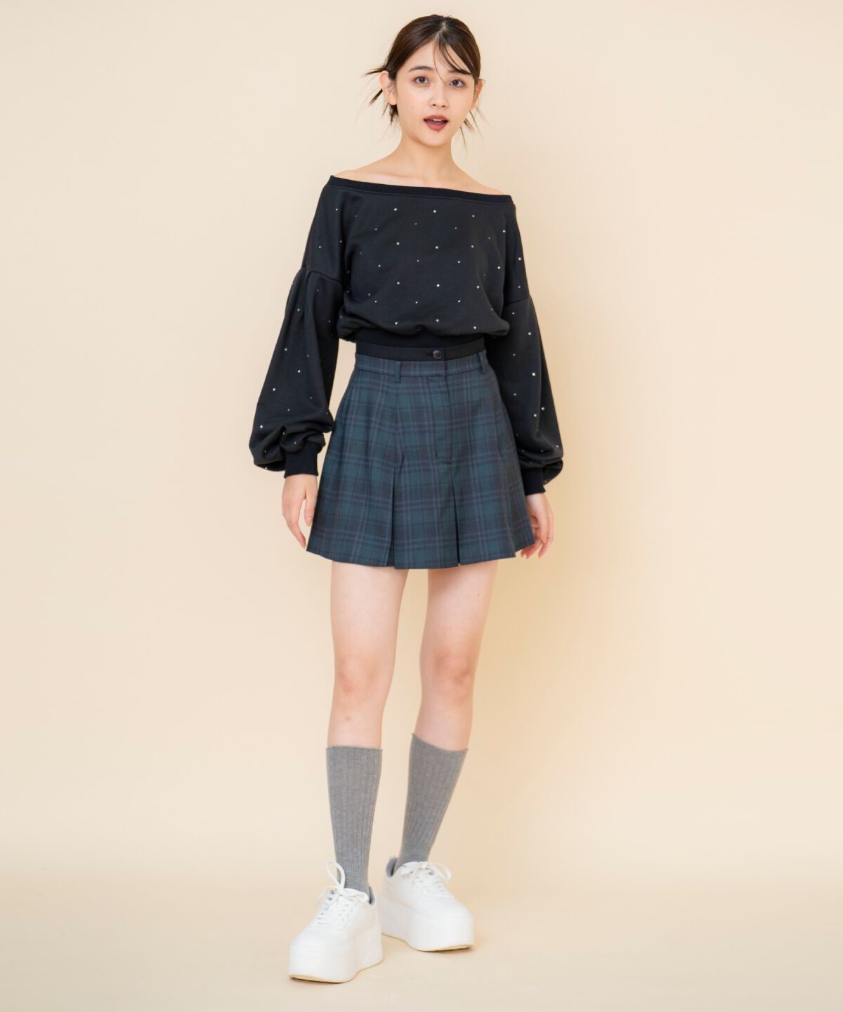 REDYAZEL「ボックスタックチェックスカート」|フレア|ネイビー