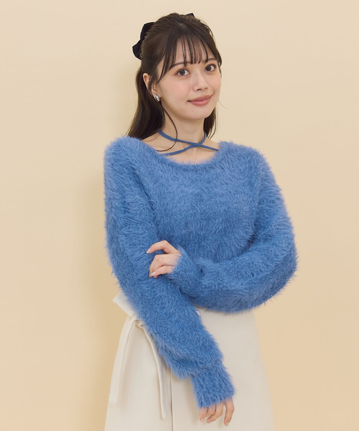 REDYAZEL「ネックリボンシャギーニットトップス」|ニット・セーター|ブルー