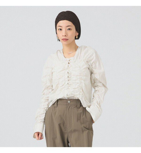 Ray BEAMS 「ストライプ シャーリング Vネック ブラウス」|シャツ・ブラウス|OFF WHITE