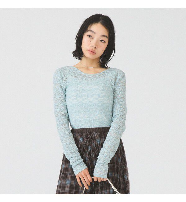 Ray BEAMS 「ジャカード レース クルーネック Tシャツ」|Tシャツ・カットソー|BLUE