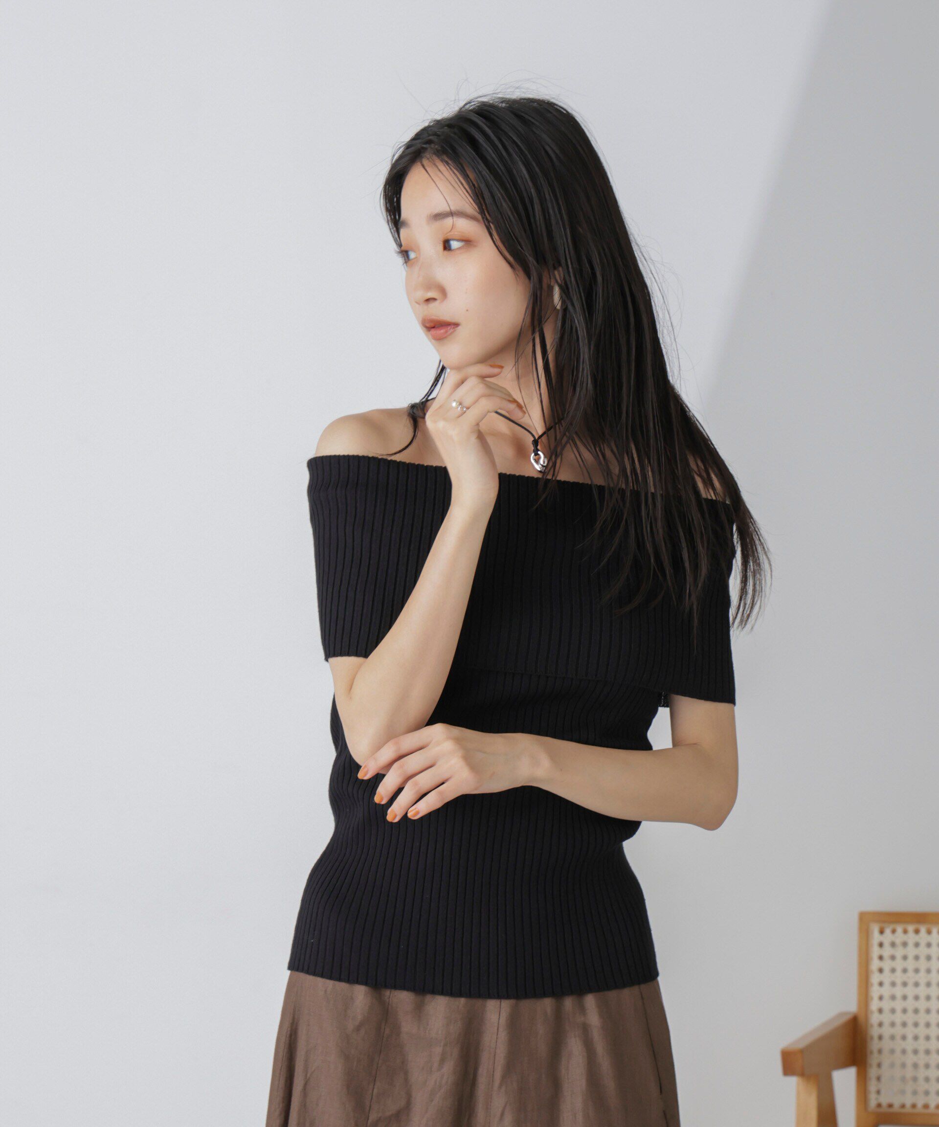 nano･universe「オフショルダーリブニットトップス」|ニット・セーター|ブラック