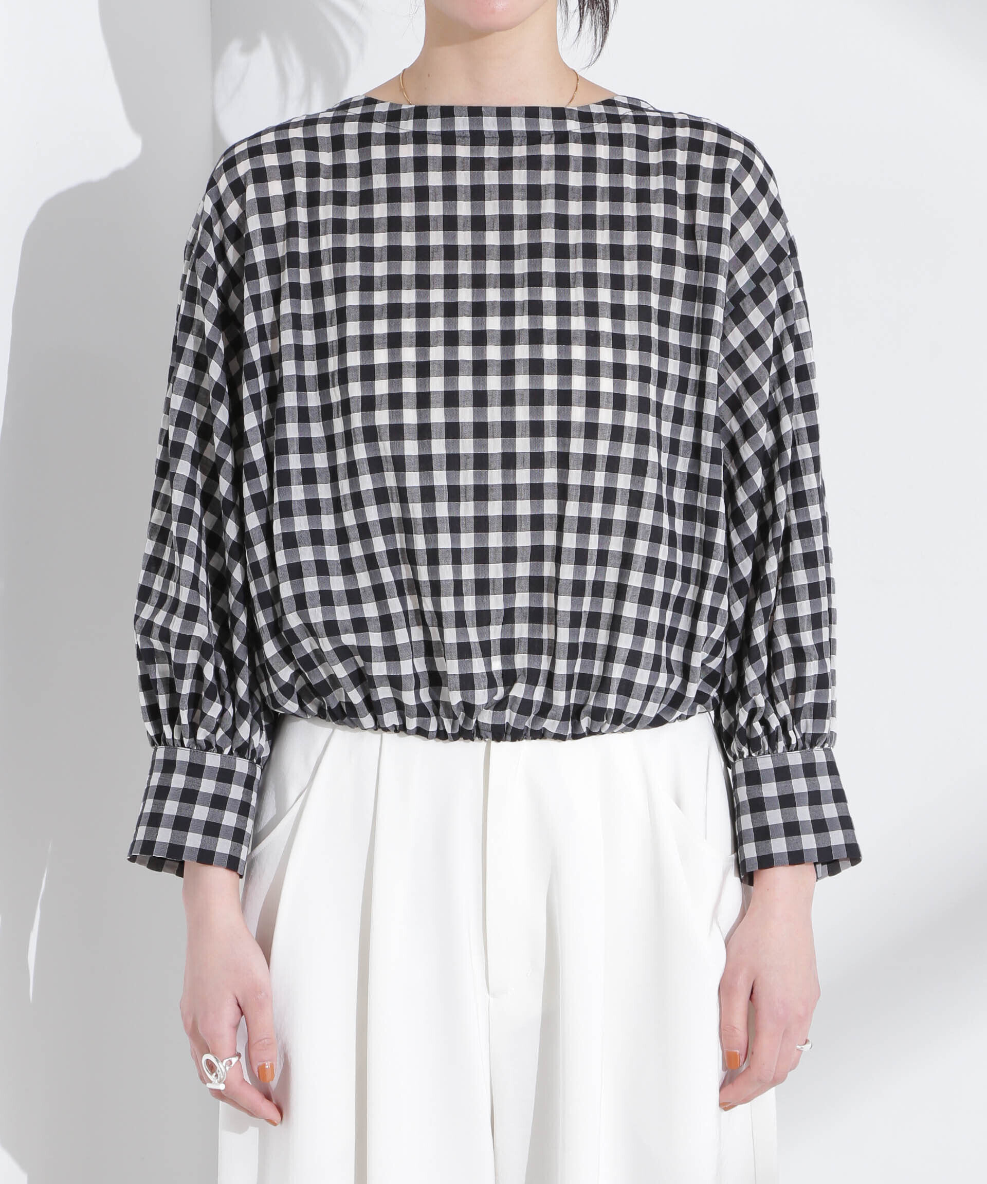 nano･universe「シアーチェックバックオープンバルーンブラウス」|シャツ・ブラウス|
