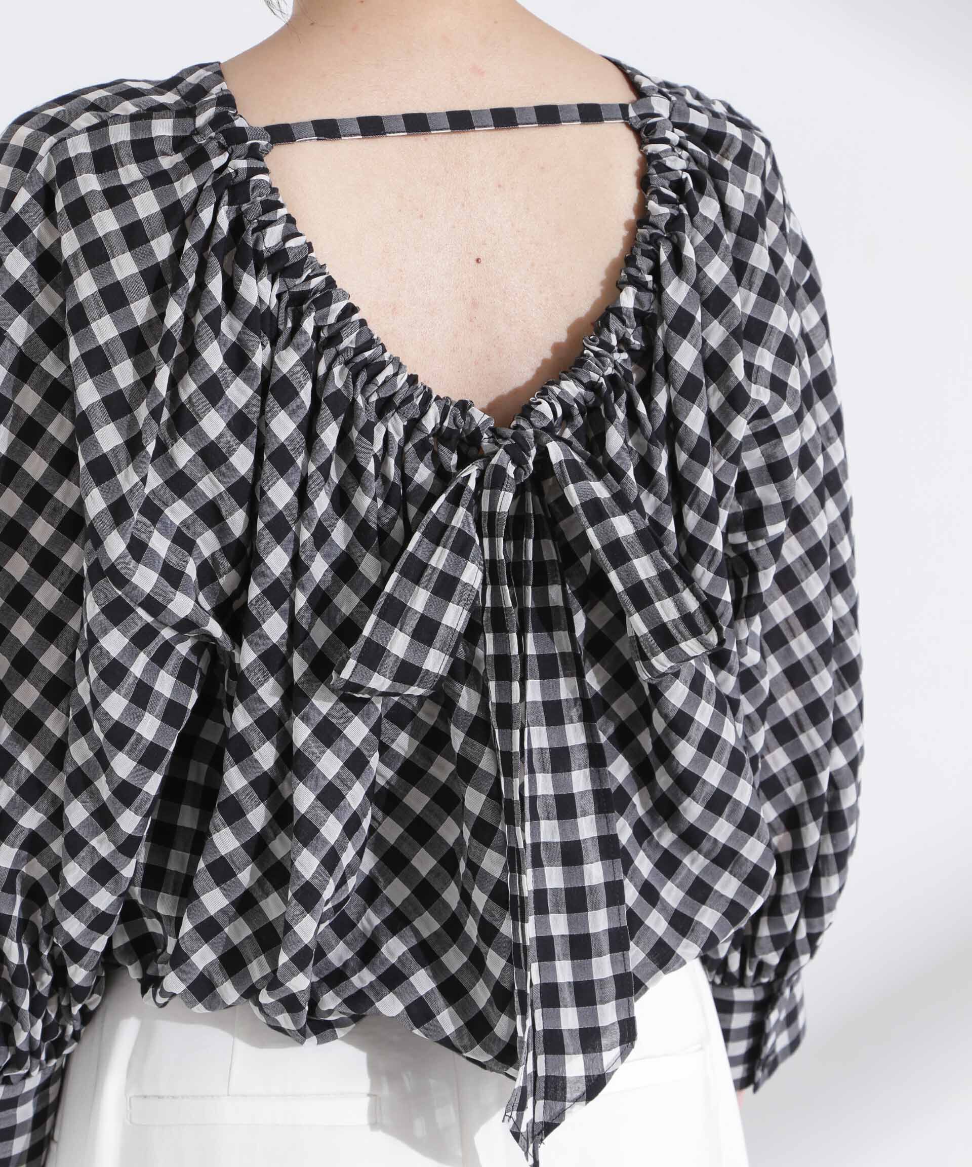 nano･universe「シアーチェックバックオープンバルーンブラウス」|シャツ・ブラウス|