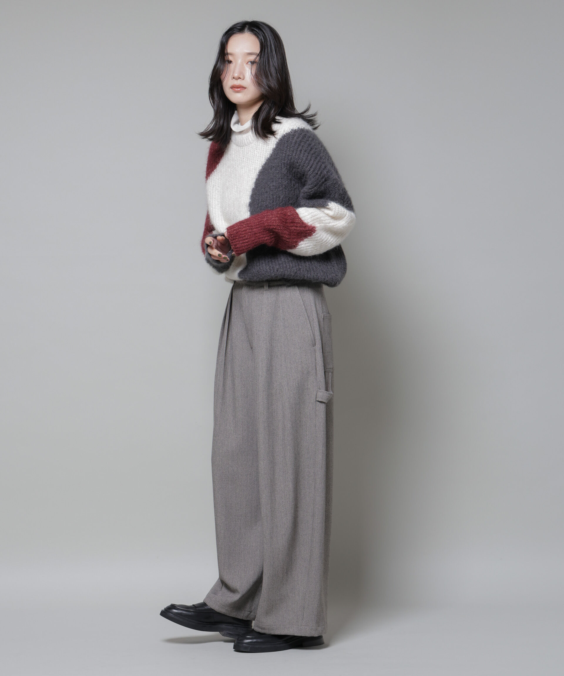 nano･universe「モヘヤ起毛カーブパターンブロッキングニット」|ニット・セーター|