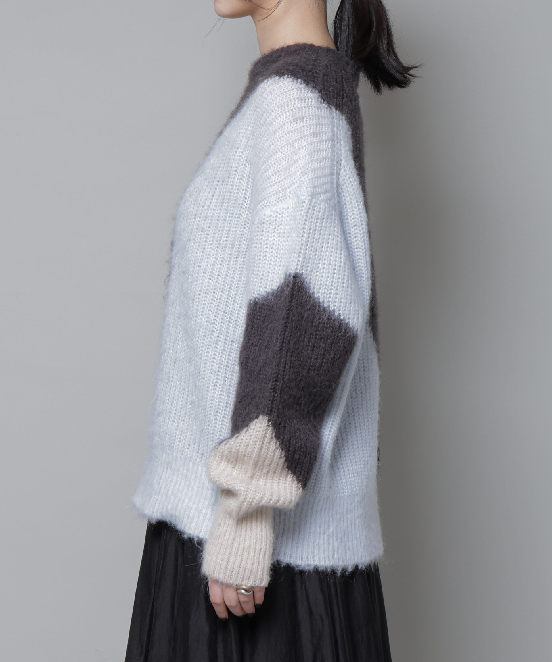 nano･universe「モヘヤ起毛カーブパターンブロッキングニット」|ニット・セーター|