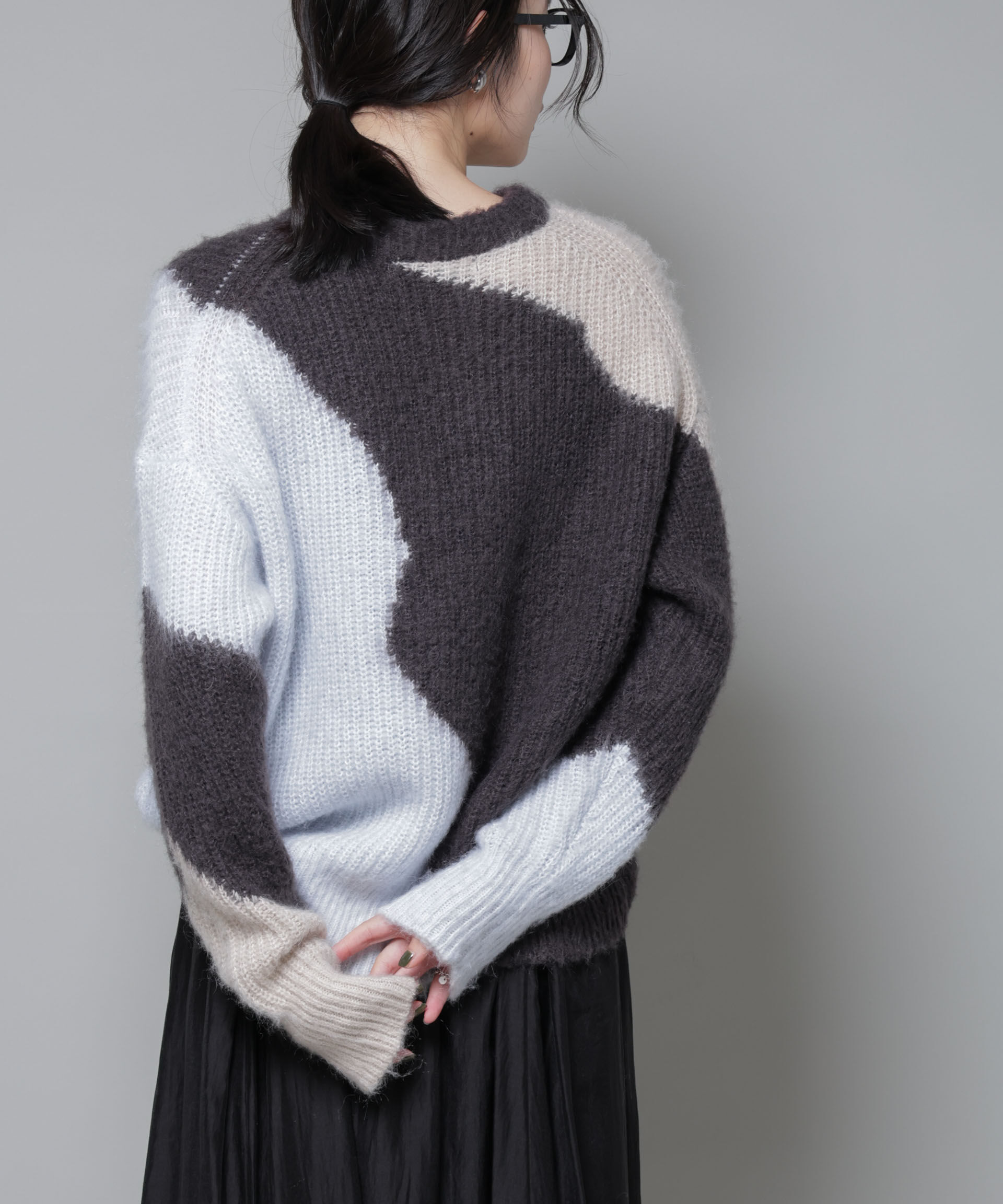 nano･universe「モヘヤ起毛カーブパターンブロッキングニット」|ニット・セーター|