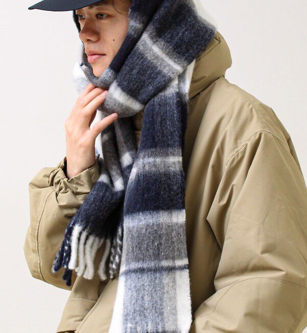 GLOSTER「ウール混ブークレ 大判チェックマフラー」|マフラー|