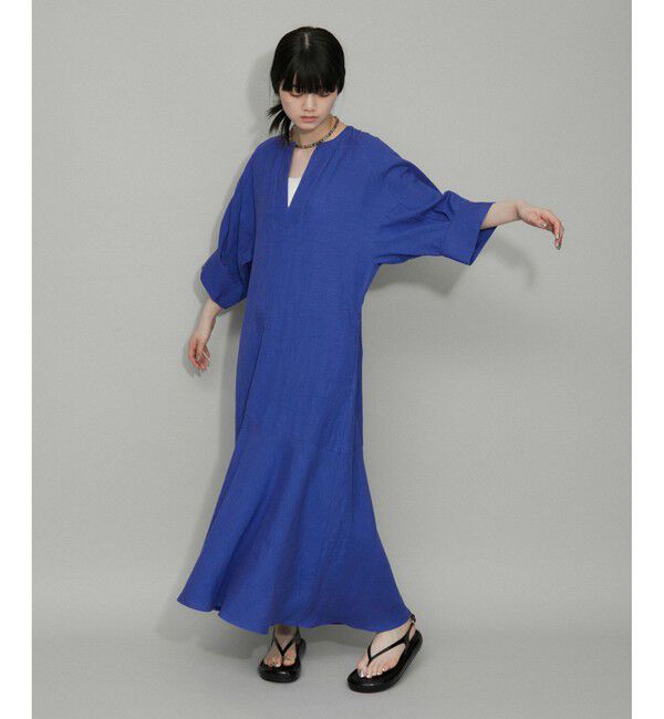 ADAM ET ROPE'「【WEB限定】・【新色追加】リネンボリュームスリーブワンピース」|ワンピース|ブルー(44)