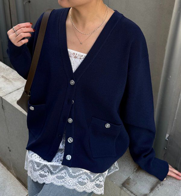  「ツヤボタンカーディガン」|ニット・セーター|ネイビー