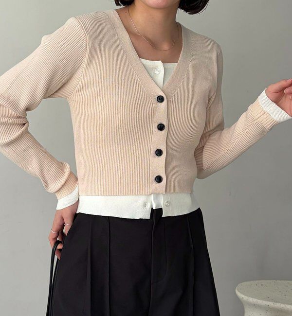  「バイカラーレイヤードカーディガン」|カーディガン|ピンク