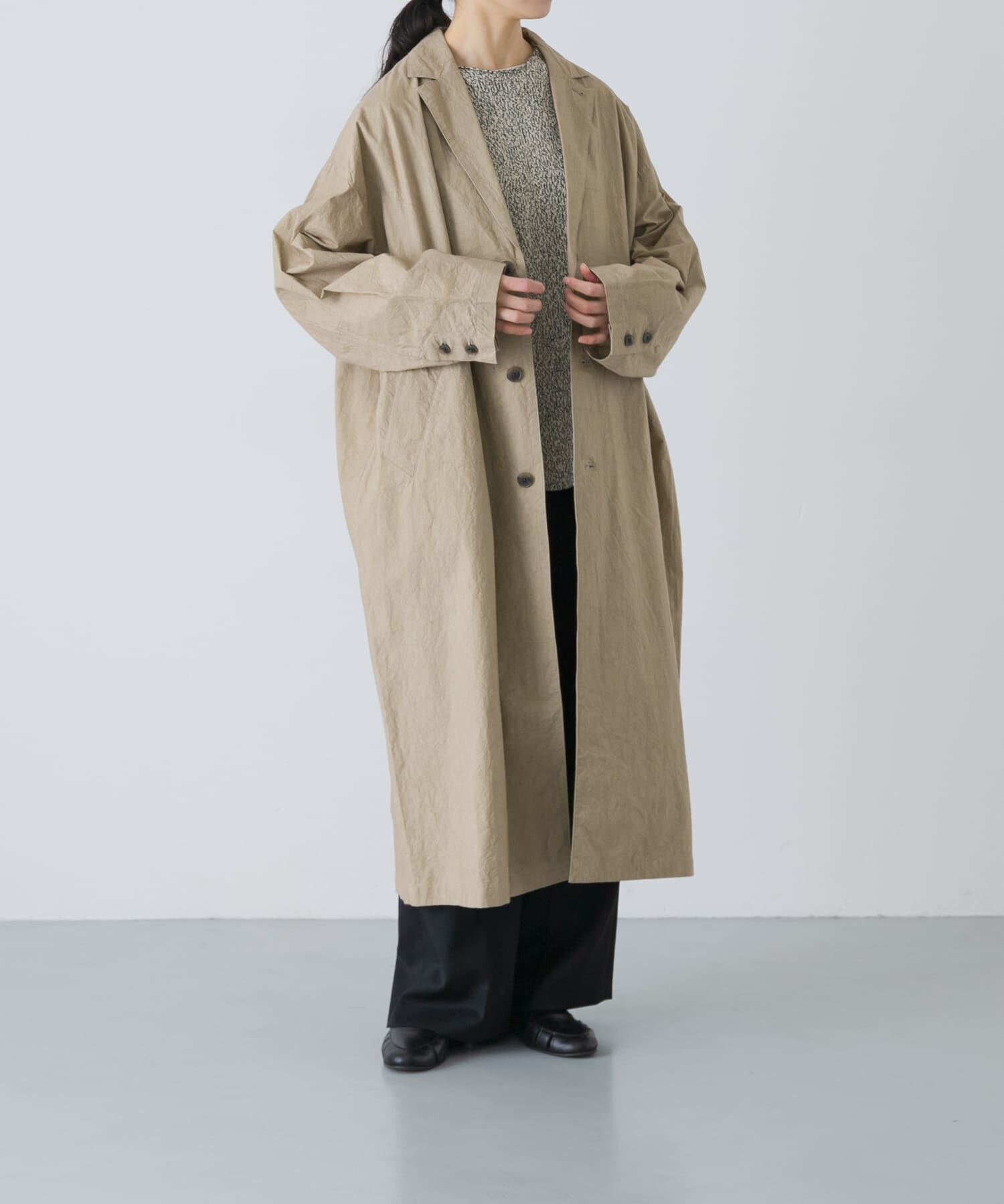 かぐれ「テーラードカラーショップコート」|ノーカラーコート|ベージュ