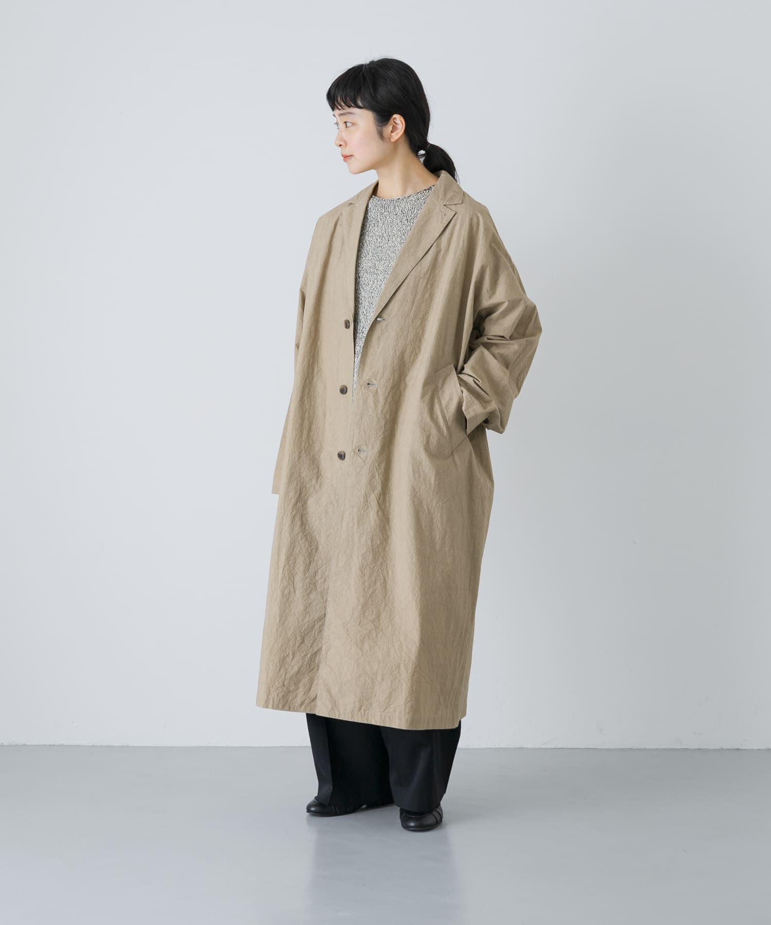 かぐれ「テーラードカラーショップコート」|ノーカラーコート|