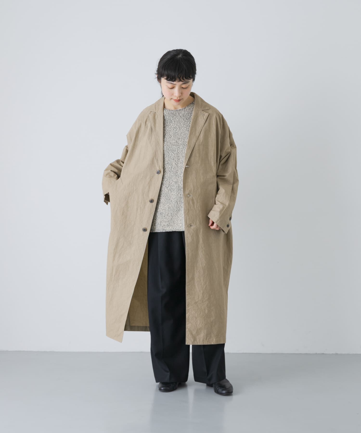 かぐれ「テーラードカラーショップコート」|ノーカラーコート|