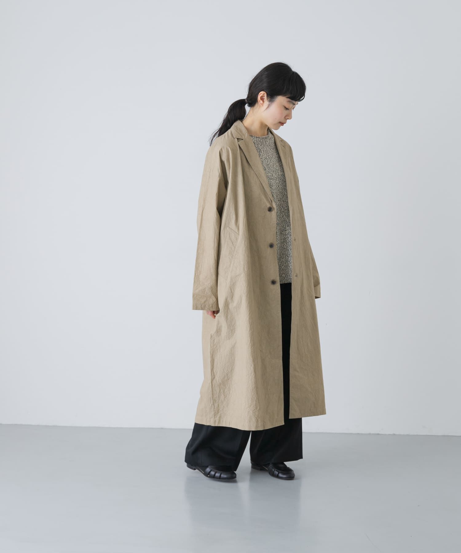 かぐれ「テーラードカラーショップコート」|ノーカラーコート|