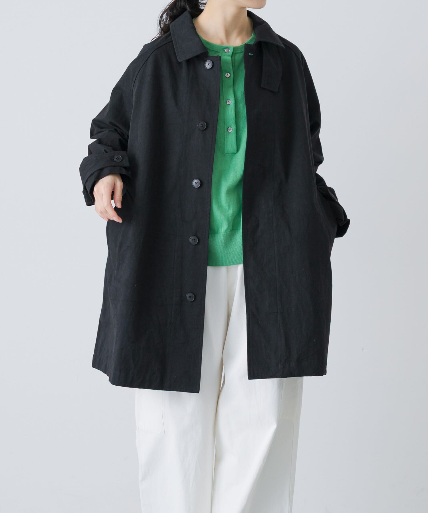 かぐれ「コットンバックタックショートコート」|ノーカラーコート|ブラック