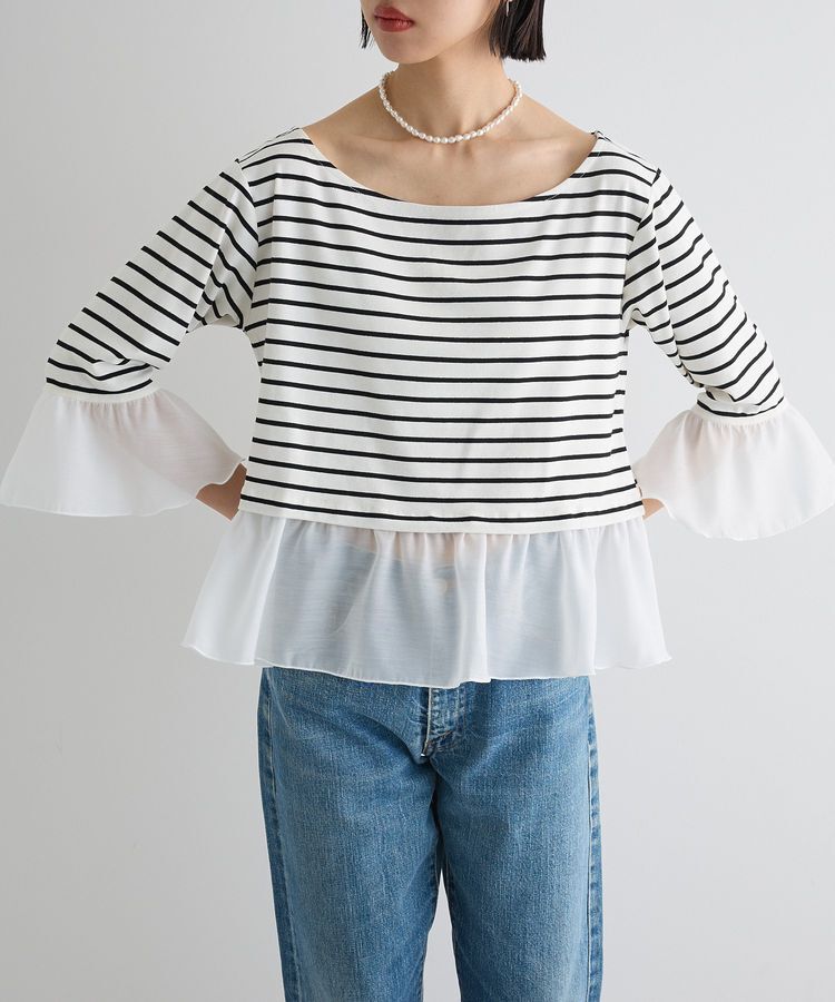 AnriettMusee「異素材ボーダーペプラムカットソー」|Tシャツ・カットソー|Off White