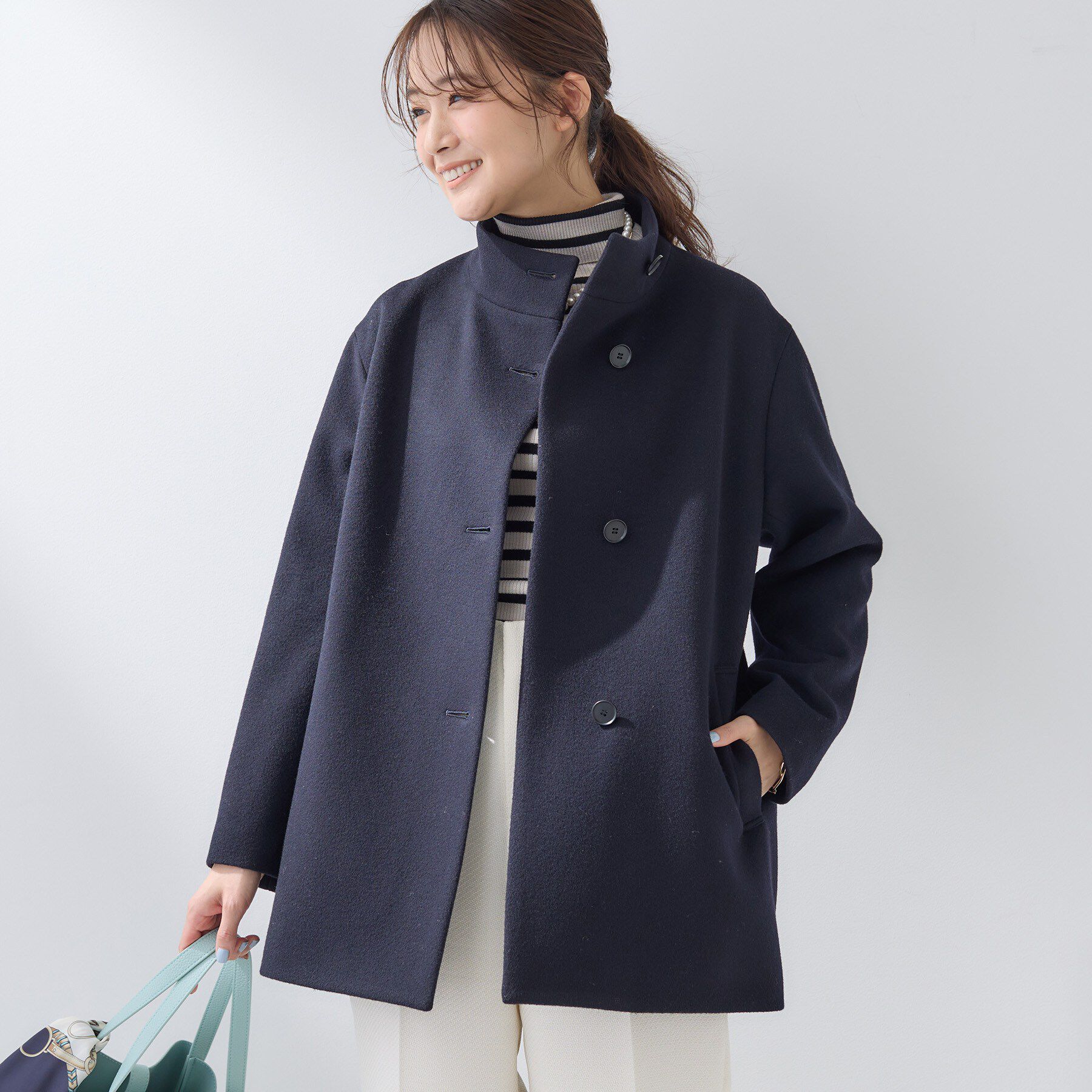 INDIVI「【日本製／ミドル丈】スタンドカラーミドルコート」|その他|ネイビー(094)