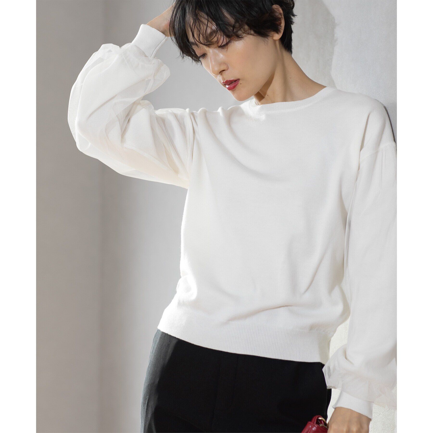 OPAQUE.CLIP「《5color/S-LLsize》チュールドッキングスリーブニット【洗濯機洗い可】」|ニット・セーター|