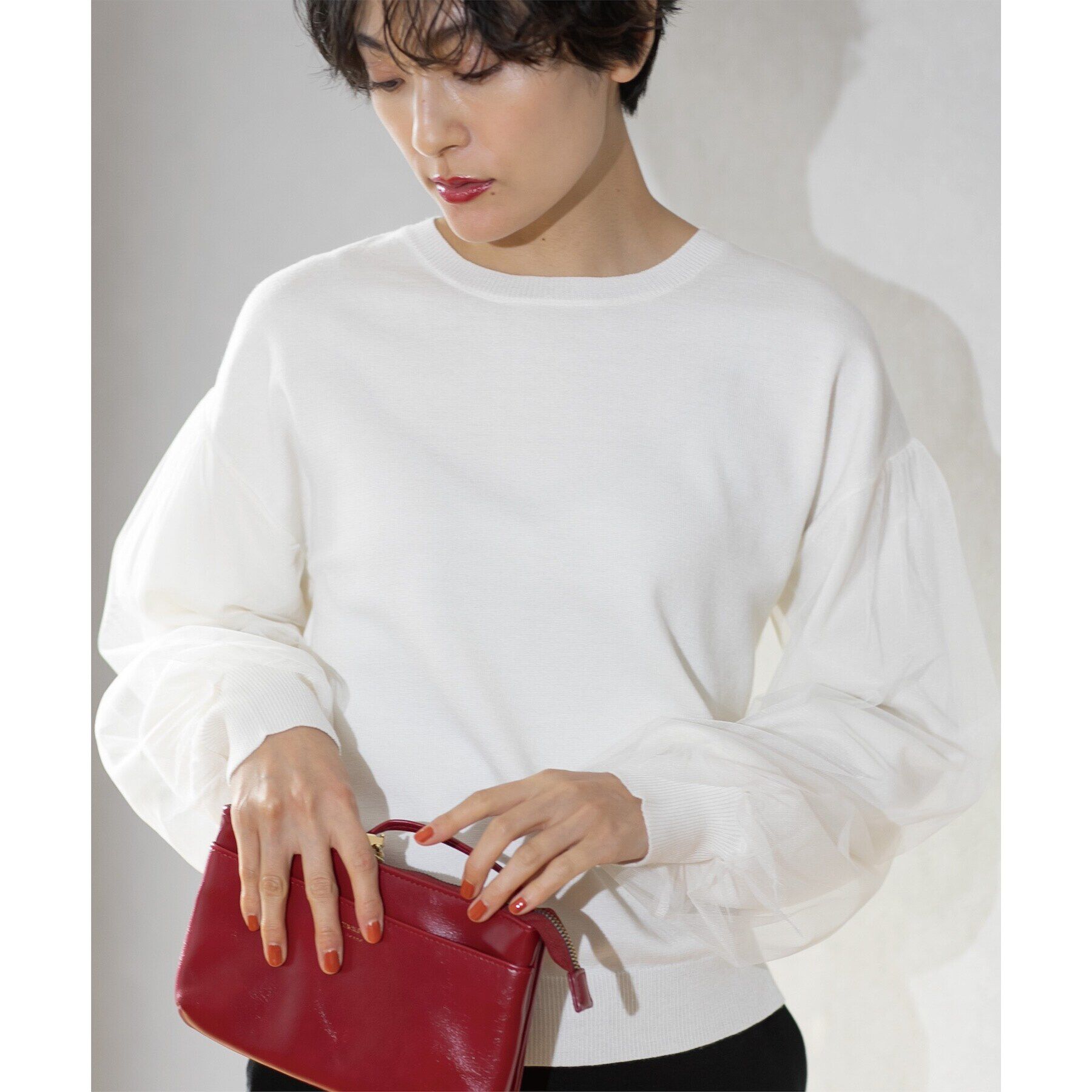 OPAQUE.CLIP「《5color/S-LLsize》チュールドッキングスリーブニット【洗濯機洗い可】」|ニット・セーター|