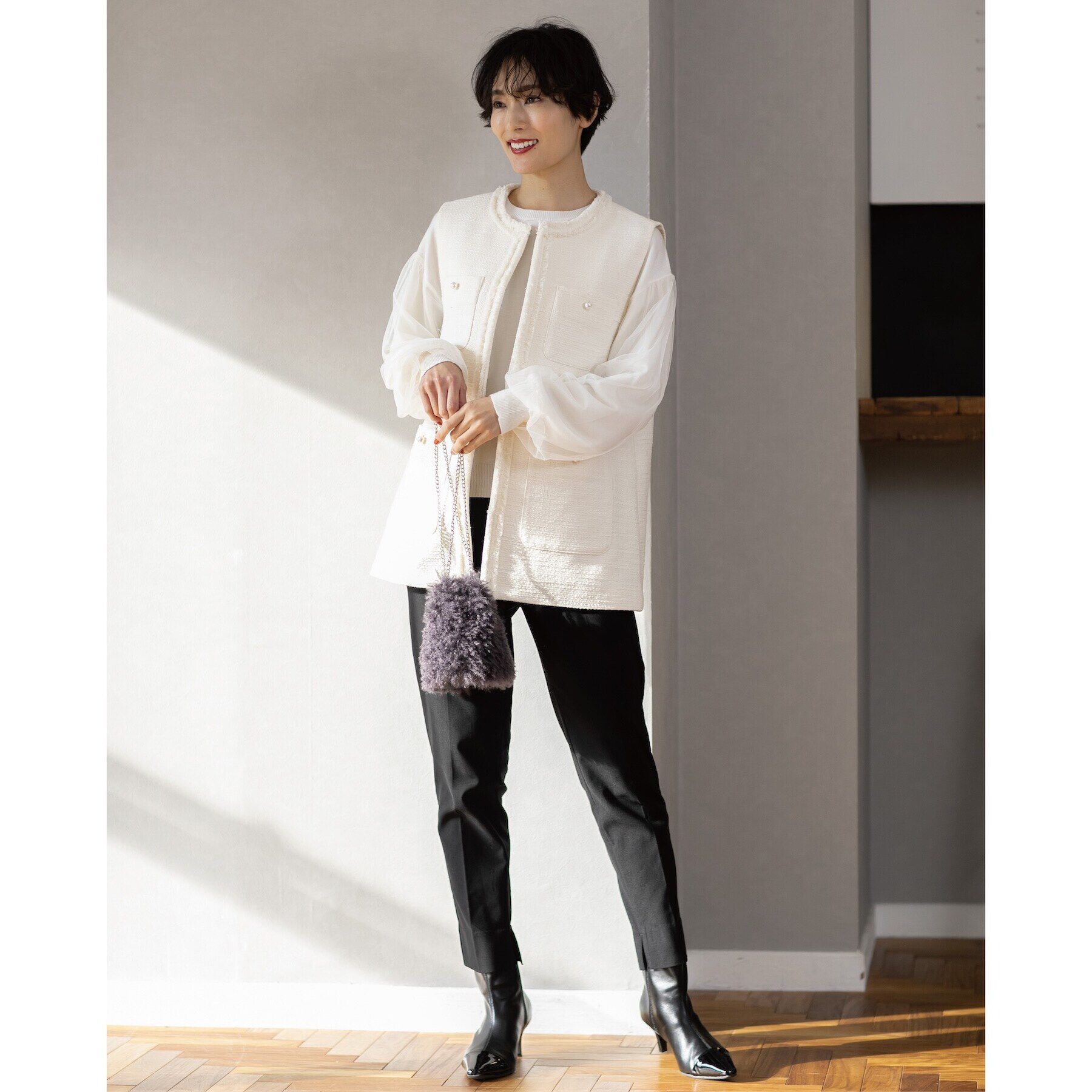 OPAQUE.CLIP「《5color/S-LLsize》チュールドッキングスリーブニット【洗濯機洗い可】」|ニット・セーター|