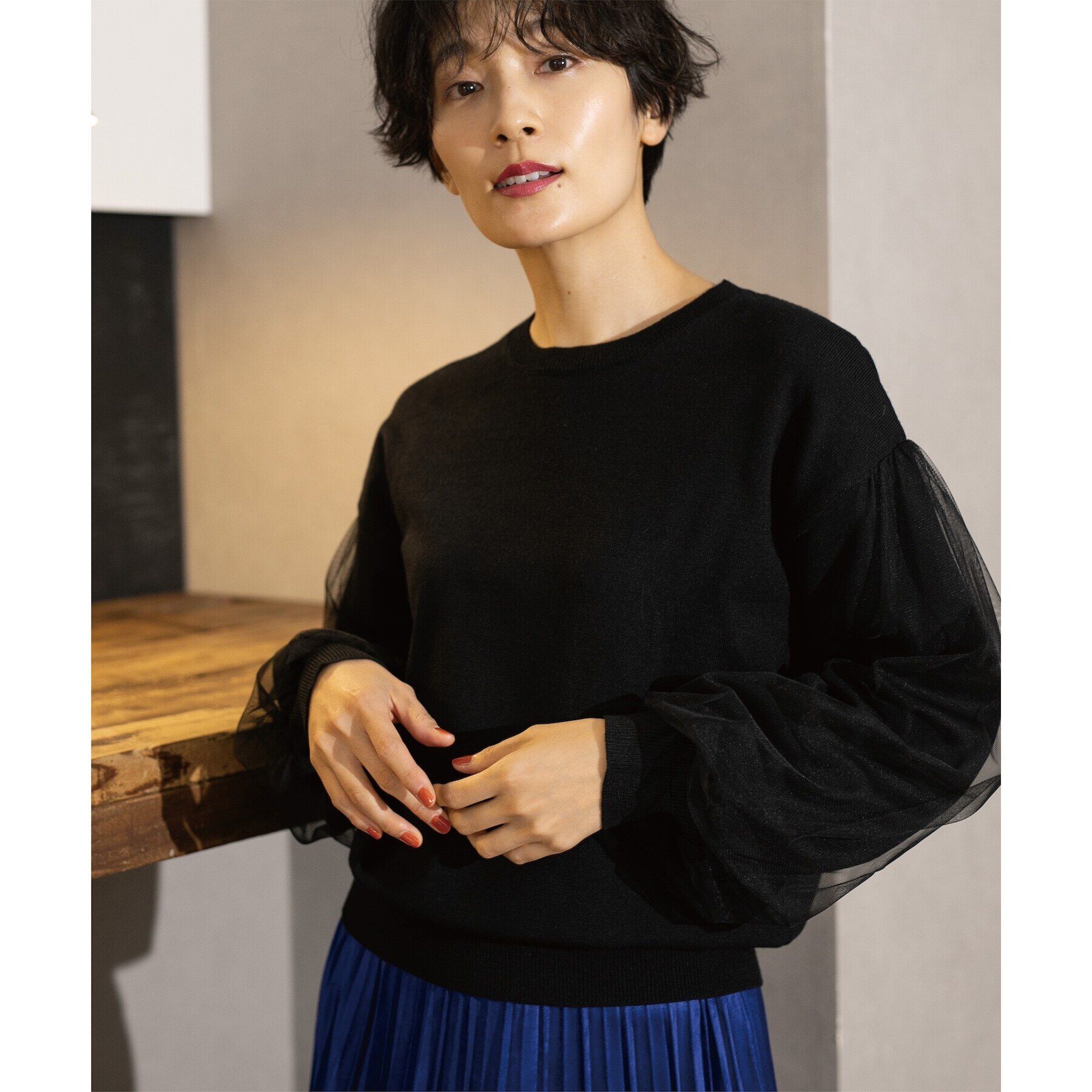 OPAQUE.CLIP「《5color/S-LLsize》チュールドッキングスリーブニット【洗濯機洗い可】」|ニット・セーター|