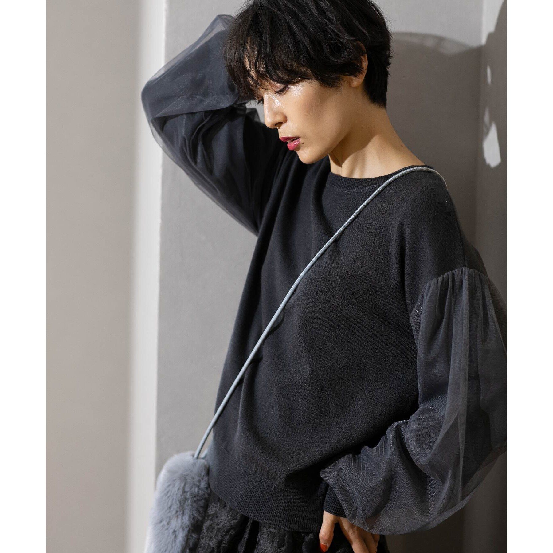 OPAQUE.CLIP「《5color/S-LLsize》チュールドッキングスリーブニット【洗濯機洗い可】」|ニット・セーター|チャコールグレー(0