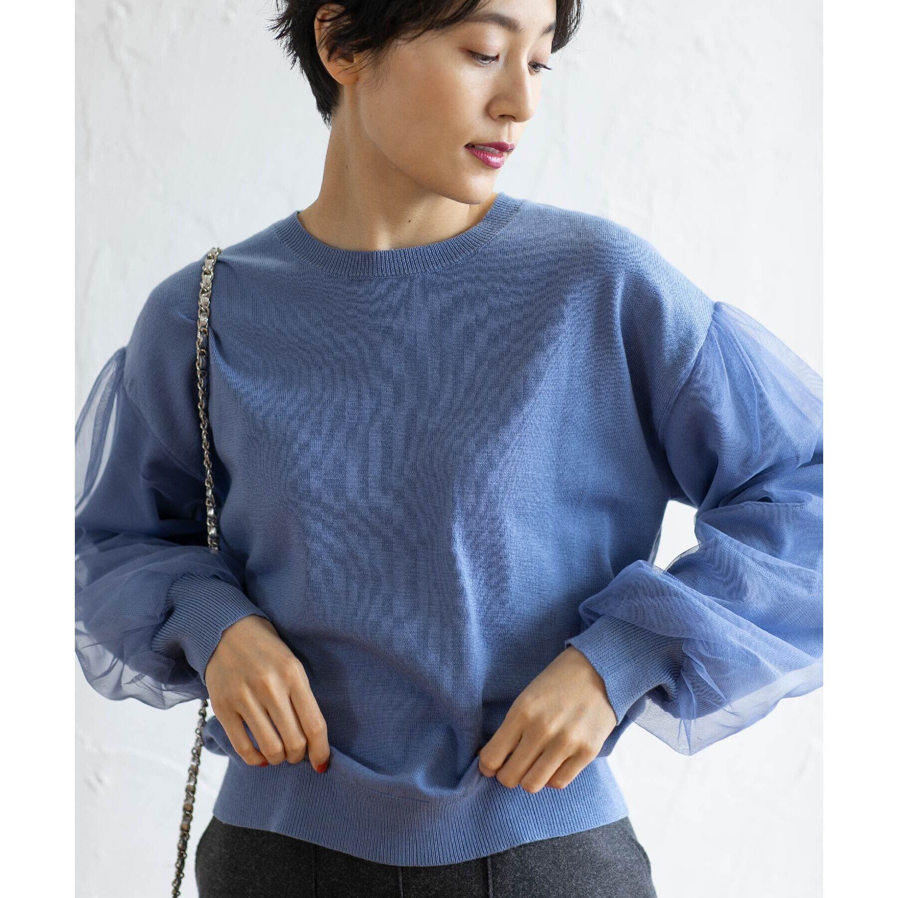 OPAQUE.CLIP「《5color/S-LLsize》チュールドッキングスリーブニット【洗濯機洗い可】」|ニット・セーター|ブルー(091)