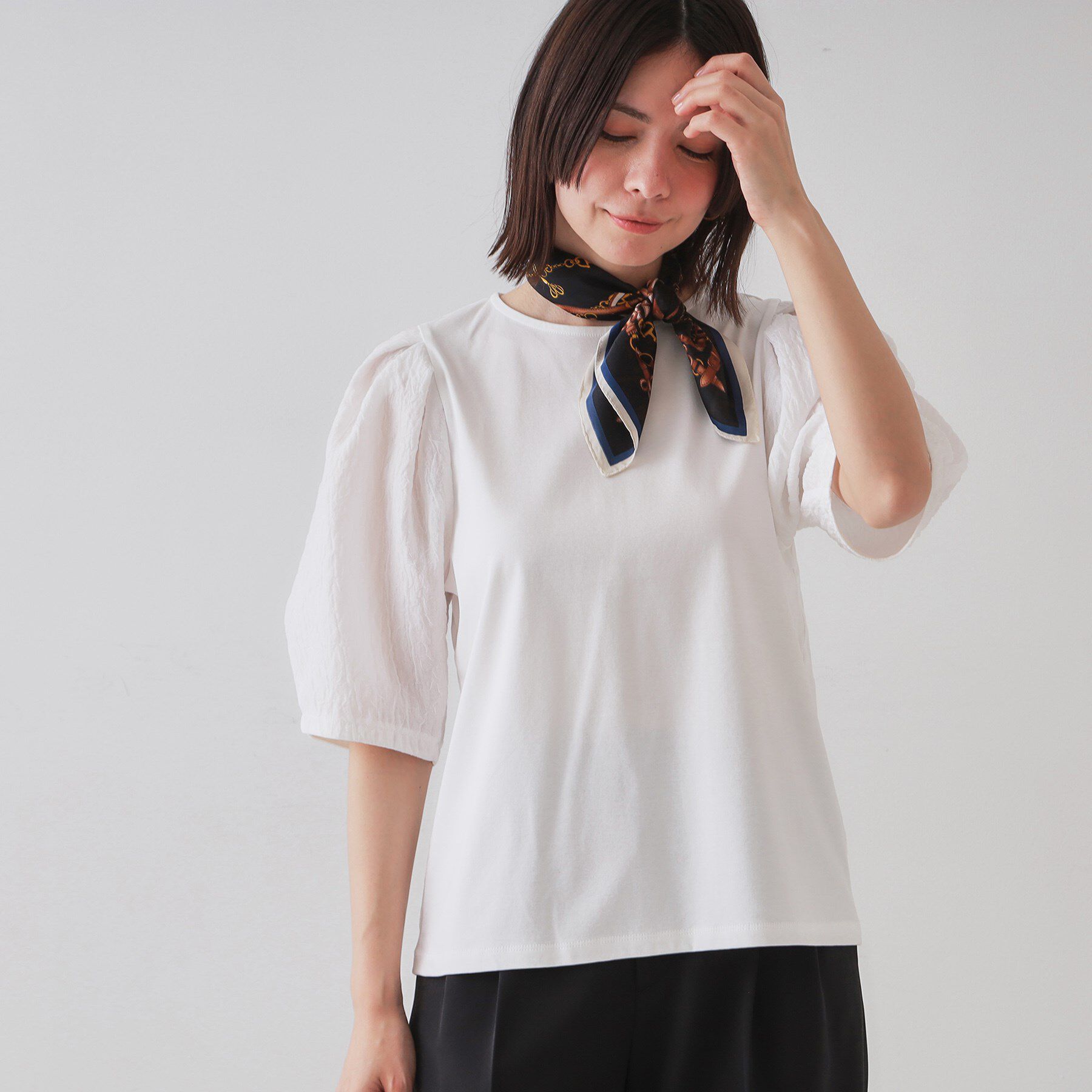 OPAQUE.CLIP「ふくれドッキングスリーブトップス【洗濯機洗い可】」|Tシャツ・カットソー|ホワイト(001)