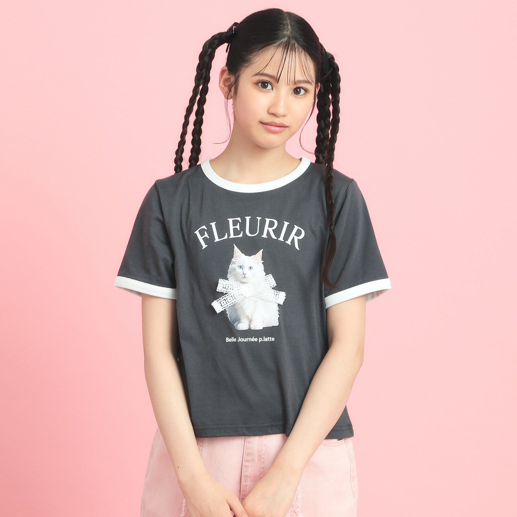 PINK-latte「フォトネコリンガーTシャツ」|Tシャツ・カットソー|チャコールグレー(0