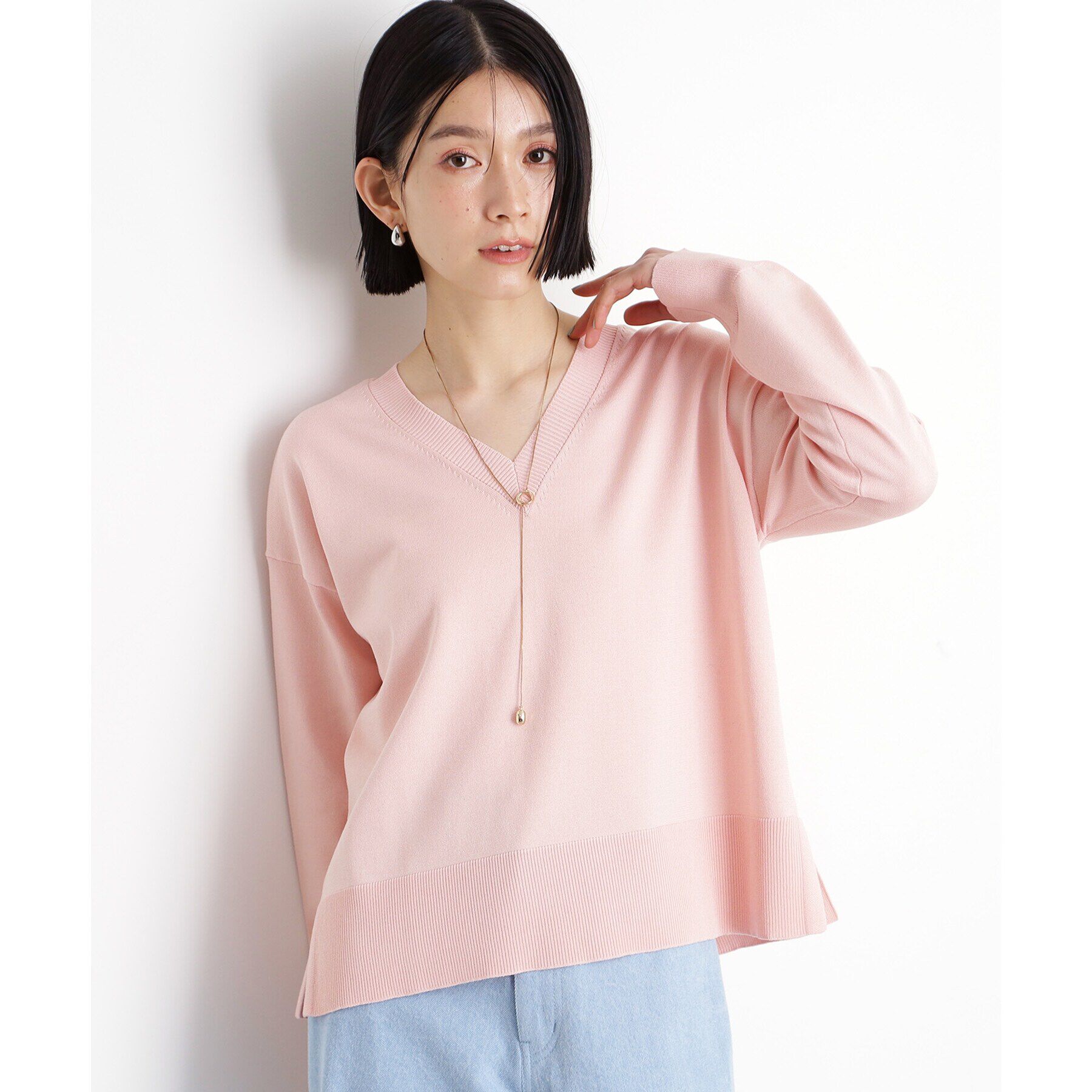 THE SHOP TK「【毛玉になりにくい】さらっとキレイVネックニット/洗濯機OK」|ニット・セーター|ライトピンク(970