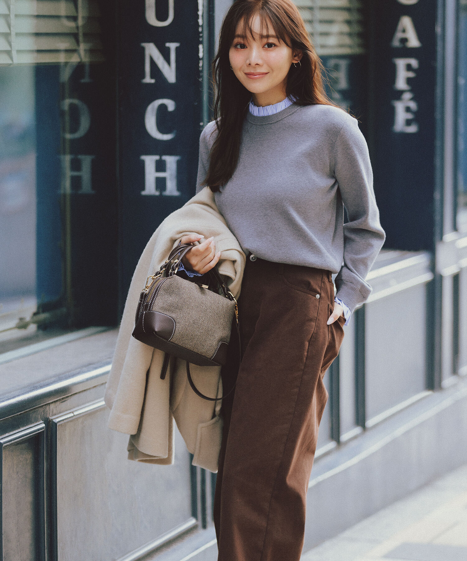  「ストライプフリルネックニット」|ニット・セーター|ミディアムグ