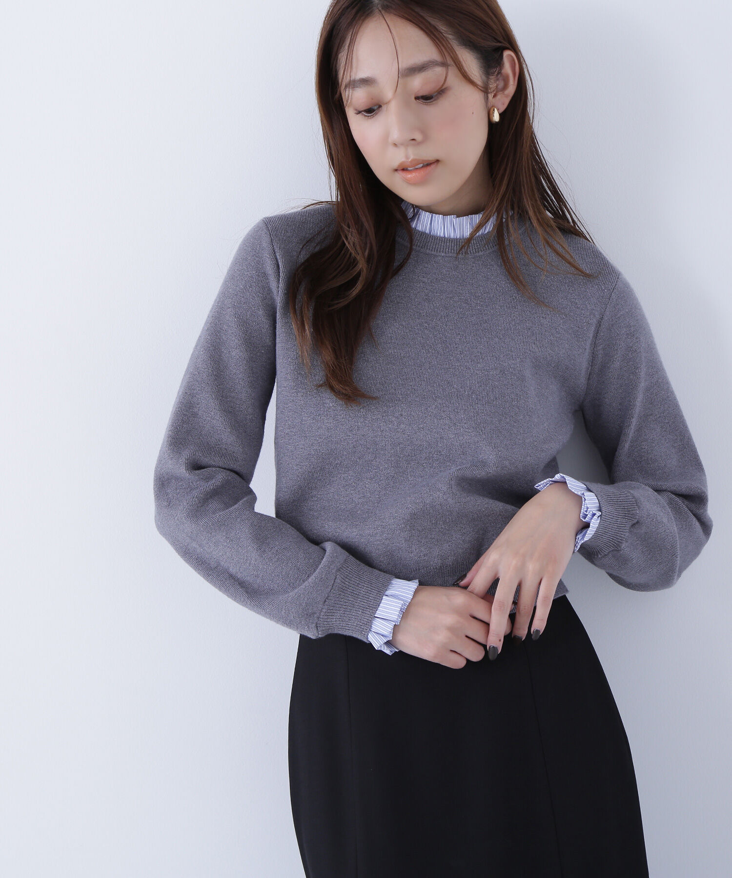  「ストライプフリルネックニット」|ニット・セーター|