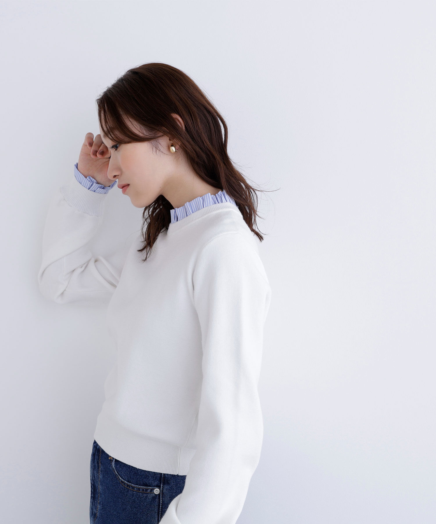  「ストライプフリルネックニット」|ニット・セーター|