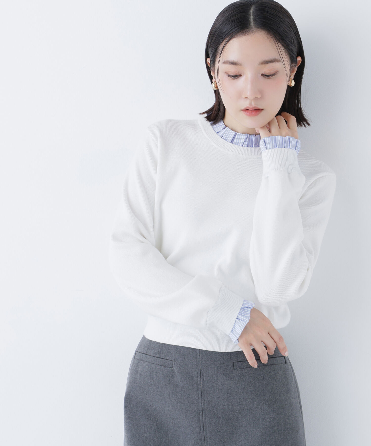  「ストライプフリルネックニット」|ニット・セーター|